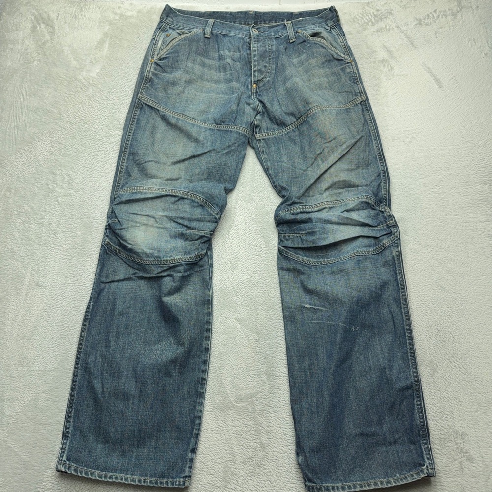 G-Star Raw Jeans Mens 36x34 Blue Elwood Articulated Knee Relaxed Straight Denim